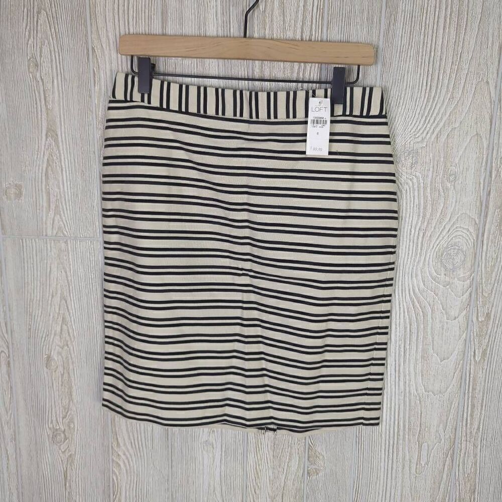 Loft Womens Size 6 Skirt Black Cream Stripe Back Zipper Slit Cotton Stretch NWT - Picture 2 of 8